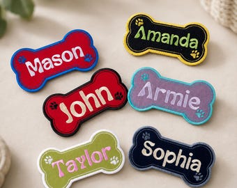 Personalized Dog Bone Name Patch | Custom Embroidered Pet Name Patch | Iron On Patch for Dog Harness, Collar, Backpack & Pet Accessories