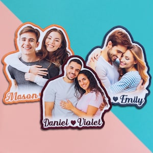 May include: Three custom photo patches with embroidered edges. Each patch features a couple or pair of people, with names like "Mason", "Emily", "Daniel" and "Violet" embroidered on the patch. The patches are on a teal and pink background.