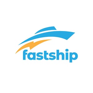 May include: A logo featuring a stylized blue boat with a yellow lightning bolt shape underneath. The word "fastship" is written in blue, sans-serif font below the boat and lightning bolt.