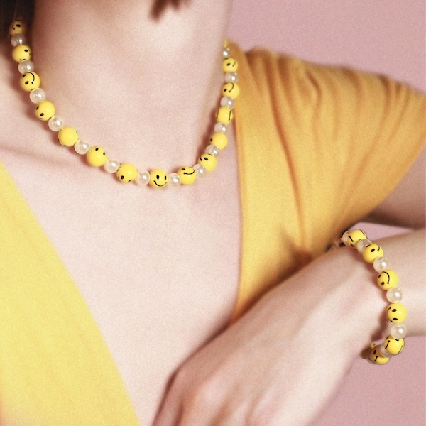 Yellow Smiley Face, Beaded Necklace and Bracelet Set, Pearly, Black, Metal colors, Handmade Y2K Jewelry, minimalistic style, gift for her