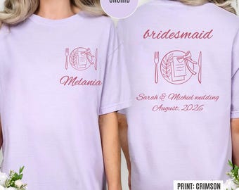 Aangepaste bruiloft bruidsfeest bijpassende shirts, voor- en achterkant bedrukt bruidsmeisje bruid bruidegom familie shirts