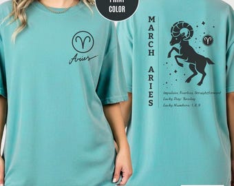 Maart Ram voor-achterkant bedrukt comfortkleuren shirt, aangepaste kleur sterrenbeeld T-shirt Verjaardagscadeau