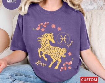 Maglietta con cavallo di fuoco, maglietta con segno zodiacale personalizzato, maglietta con motivo astrologico con fiori cinesi, regalo di compleanno