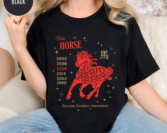 Maglietta con cavallo di fuoco, maglietta con portafortuna zodiacale, slancio di libertà e successo