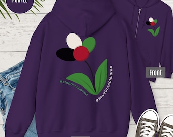 Moletom com capuz e estampa de flores da Palestina: frente e verso, Pare a ocupação, solidariedade palestina