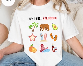 カリフォルニアシャツ、カリフォルニアのシンボル、橋、クマ、ヤシの木のデザインが入った「How I See California」Tシャツ