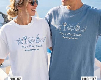 Custom Mr Mrs Honeymoon Shirt bijpassende jubileum shirts voor stel, strand zeeschelp ontwerp
