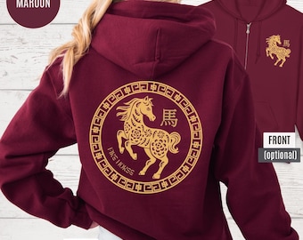 Fire Horse-ritshoodie, Zodiac Good Luck-sweater, bedrukking achterkant en optionele voorkant