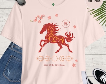 T-shirt Fire Horse-sweater maan Chinese bloem voor dames, 2026 nieuwjaarscadeau