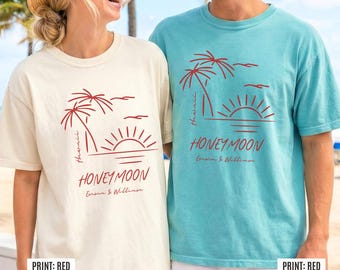 Strandhuwelijksreisshirt, bijpassende bijpassende huwelijksreisshirts voor pas getrouwd stel, Sun Palms-ontwerp