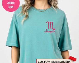 Custom Embroidery Zodiac Shirt, Unisex Comfort Colors® Tee with Personalized Embroidered Horoscope Sign