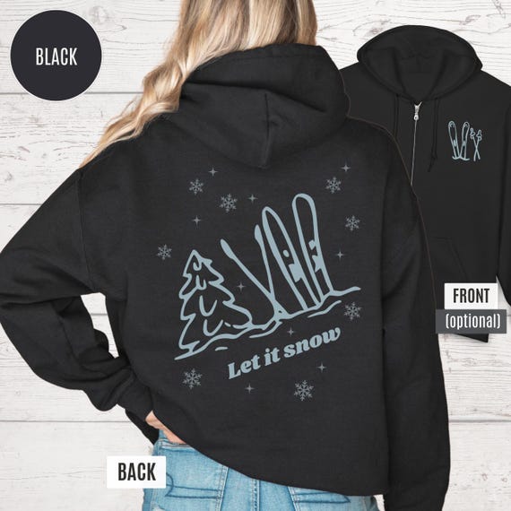 Snow Ski Zip Hoodie, Winter Hooded Sweatshirt with Back & Optional Front Printing