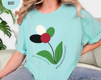 パレスチナ・フラワー・シャツ、パレスチナの花柄グラフィック入りガザ救え子供用Tシャツ、コンフォートカラー