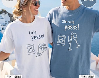 Verlovingsshirts voor verloofde en verloofde, She I Said Yes Aankondiging van voorstel-T-shirts voor pas verloofd stel