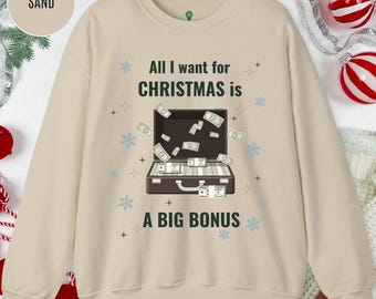 Sudadera con aguinaldo navideño, suéter divertido para empleados, diseño de maletín de dinero para fiestas navideñas en la oficina