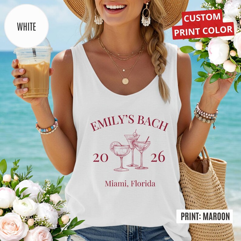 Custom Bachelorette Tank, Beach Bridal Party Top, Matching Bach Shirts, Bridesmaid Gift, Cocktail Design image 1