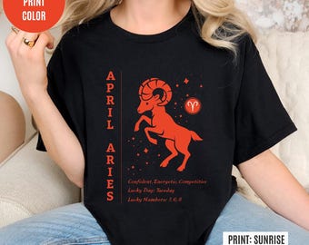 Shirt april Ram met sterrenbeeldkenmerken, geluksdag en cijfers, aangepast verjaardagscadeau