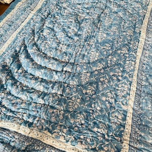 Hand Block Print Cotton Quilt: Blue Floral Jaipuri Razai