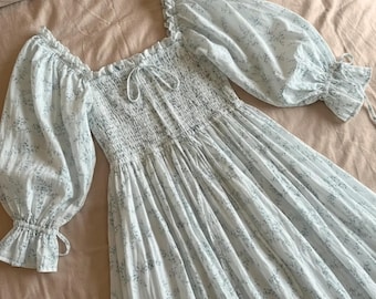 Camisón victoriano de hadas con flores, vestido de dormir fruncido de estilo cottagecore, ropa de estar por casa de algodón con mangas largas abullonadas