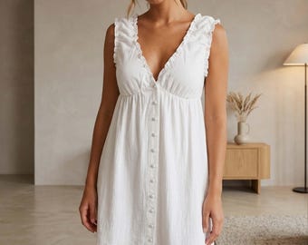 White Linen Button Front Nightgown for Women | Lightweight Ruffle Strap Nightwear | Cottagecore Summer Loungewear