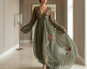 Boho V-Ausschnitt Floral Maxikleid | -Kleid mit fließendem A-Line-Rock | Urlaub, formal, Ballkleid, Sommer-Veranstaltungen