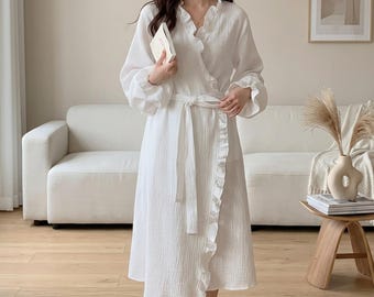 Cotton Ruffle Robe for Women | Romantic Dressing Gown | Bridal Spa Robe, Elegant Homewear