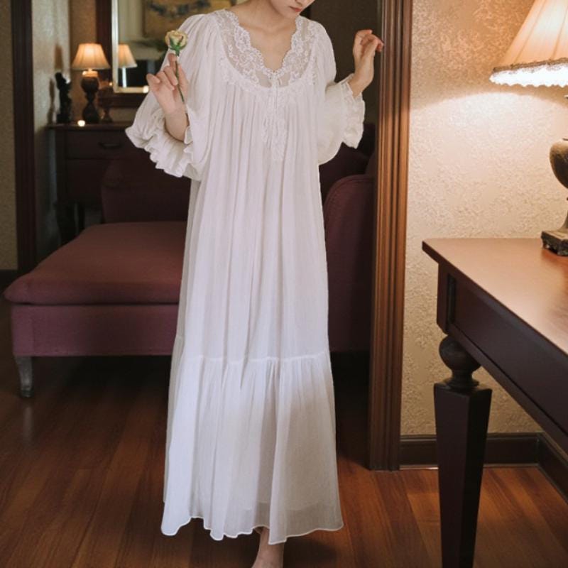 Camicia Da Notte Donna Cotone Stile Vittoriano - Pigiama Lungo Bianco Con Pizzo E Maniche A Sbuffo