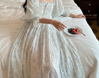 Victorian Floral Fairy Nightgown,Smocked Cottagecore Sleep Dress,Long Puff Sleeve Cotton Loungewear