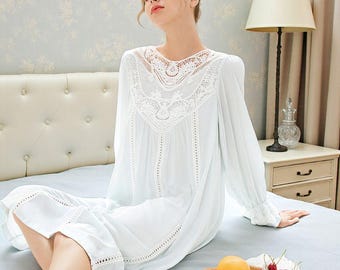 Cotton Lace Nightgown for Women |  Victorian Style Long Sleeve Sleepwear