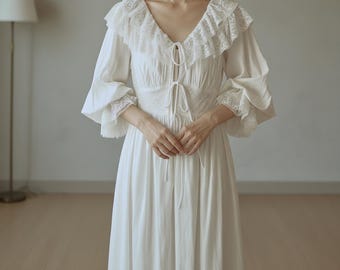 Camisola vintage de renda francesa | Pijama de manga comprida com decote em V | Camisola inspirada no estilo princesa