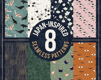 May include: Eight Japanese-inspired seamless patterns in a grid. Patterns include koi fish, cherry blossoms, wood grain, and sushi. The patterns are in shades of blue, green, pink, and brown. Text reads "JAPAN-INSPIRED 8 SEAMLESS PATTERNS."