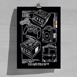 May include: Black and white poster featuring a detailed schematic of a Nintendo GameCube console and controller. The poster includes technical specifications and release dates. The GameCube is shown from multiple angles, including an open disc tray.