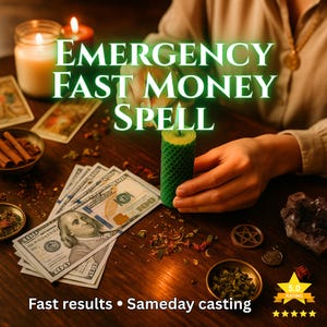 Peut inclure: Une bougie verte à motif en nid d'abeille est tenue près d'une pile de billets de 100 $. Le texte "EMERGENCY FAST MONEY SPELL" est affiché au-dessus de la bougie. Autres éléments : bougies, herbes et badge de notation.