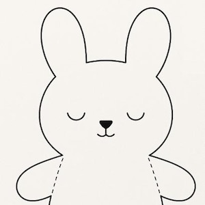 Puede incluir: Ilustración sencilla de un conejo en negro sobre fondo blanco. El conejo tiene orejas largas, ojos cerrados y una nariz pequeña. Los brazos están extendidos y las piernas juntas. Diseño simple.