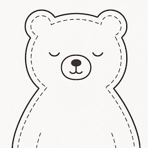 May include: A simple outline of a bear with a stitched design. The bear has closed eyes, a small nose, and a smiling mouth. The design is in black on a white background, suitable for crafts or coloring.