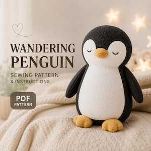 Puede incluir: Un peluche de pingüino con cabeza, alas y espalda negras, vientre blanco y pies y pico amarillos. El texto "Wandering Penguin" y "Sewing Pattern & Instructions" se muestran encima del pingüino, con un botón "PDF Pattern" debajo.