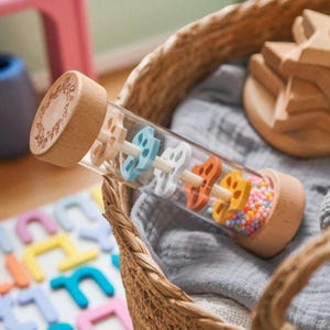 Montessori Baby Rain Stick – Wooden Rainbow Hourglass Rattle | Sensory Music Toy for Babies & Toddlers | Montessori Educational Gift