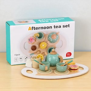 Wooden Kids Tea Set for Pretend Play – Montessori Toy Teapot, Teacups and Snacks | Roleplay Gift for Boys & Girls, Playhouse Accessory