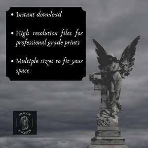 May include: A grayscale image features a stone angel statue with outstretched wings, set against a cloudy sky. A black rectangle with white text lists "Instant download," "High resolution files," and "Multiple sizes." The logo "Shadow & Scripts" is in the lower left.