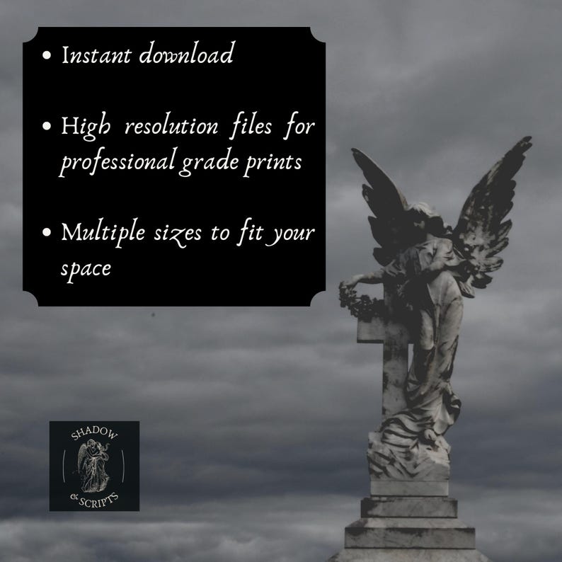 May include: A grayscale image features a stone angel statue with outstretched wings, set against a cloudy sky. A black rectangle with white text lists "Instant download," "High resolution files," and "Multiple sizes." The logo "Shadow & Scripts" is in the lower left.