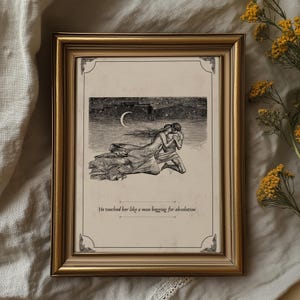 May include: A framed print with a gold-colored frame. The artwork is a black and white illustration of two figures embracing under a crescent moon and starry night sky. The text at the bottom reads, "He touched her like a man begging for absolution."