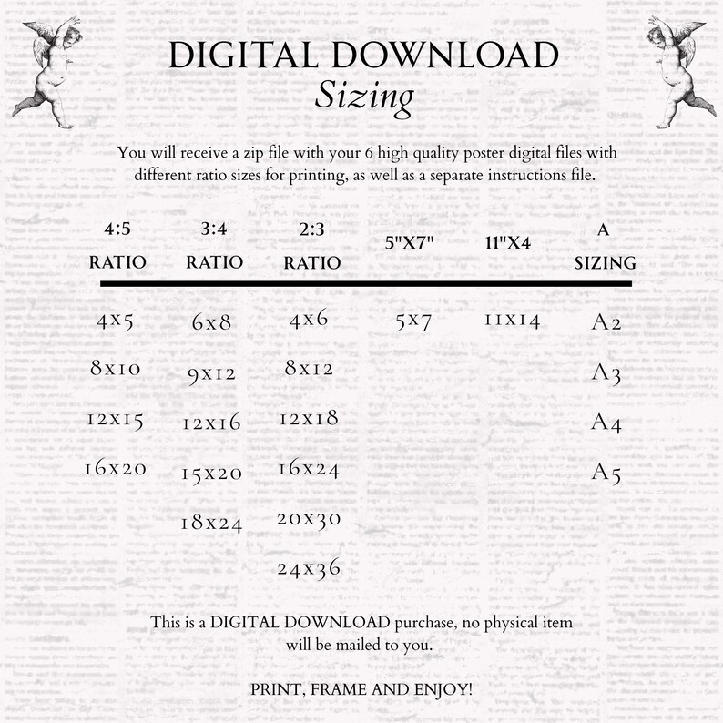 May include: Digital download sizing chart with various print ratios and sizes, including 5"x7", 11"x14", and A sizing. The chart lists sizes like 4x5, 6x8, 4x6, 8x10, 9x12, 8x12, 12x15, 12x16, 12x18, 16x20, 15x20, 16x24, 18x24, 20x30, and 24x36.
