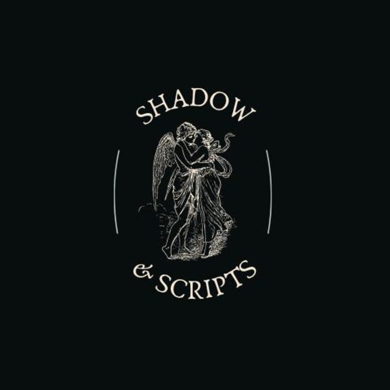 May include: Black background with a cream-colored illustration of two figures embracing, possibly angels. The text "SHADOW & SCRIPTS" is arched above and below the illustration, within a circular design.
