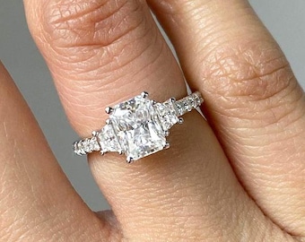 Radiant Cut Lab Grown Diamond Three Stone Engagement Ring, Trapezoid Side Stones, Pave Band