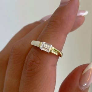 East To West Set Emerald Diamond Wedding Band, 0.60 CT Emerald Lab Grown Diamond Ring, Half Bezel Setting, 14k Yellow Gold Promise Ring