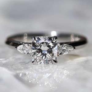 Cushion Cut Three Stone Ring, Cushion Lab Grown Diamond Engagement Ring, Trilogy Ring, Side Pear Cut Diamonds, White Gold Wedding Ring