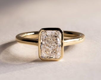 Radiant Cut Lab Grown Diamond Solitaire Engagement Ring: 14k Gold Bezel Setting