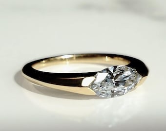 Marquise Cut East To West Set Lab Grown Diamond Solitaire Ring, 0.5 To 2.0 CT Lab Created Diamond Engagement Ring, Half Bezel Setting