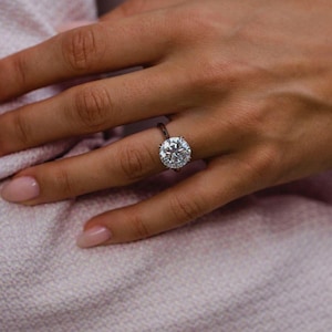 Huge 5.05 CT Round Moissanite Hidden Halo Engagement Ring, Solitaire Cathedral Double Claw Prong Ring 14K White Gold Moissanite Wedding Ring