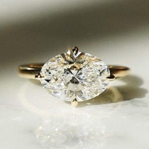 East To West Oval Cut IGI Certified Lab Grown Diamond Solitaire Engagement Ring, 14K Yellow Gold Hidden Halo Wedding Ring For Women.